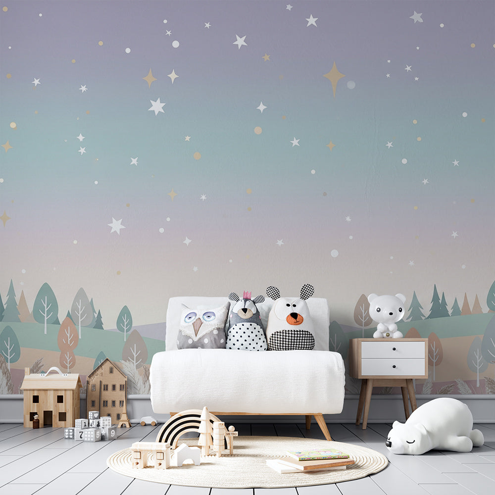 Kids-Mundo pastel starry forest mural adding a magical touch to a playroom