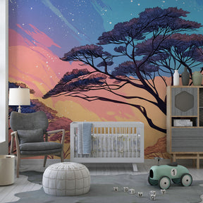 Children's bedroom featuring starry night wallpaper with pink and blue twilight colors
