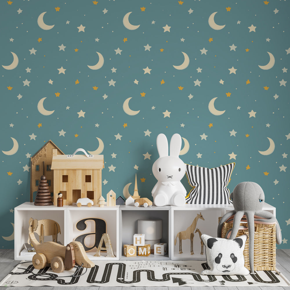 Celestial night sky wallpaper creating dreamy atmosphere in children's bedroom