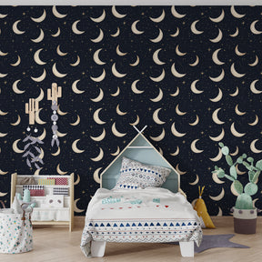 Celestial themed mural wallpaper with crescent moons and stars for children's nursery