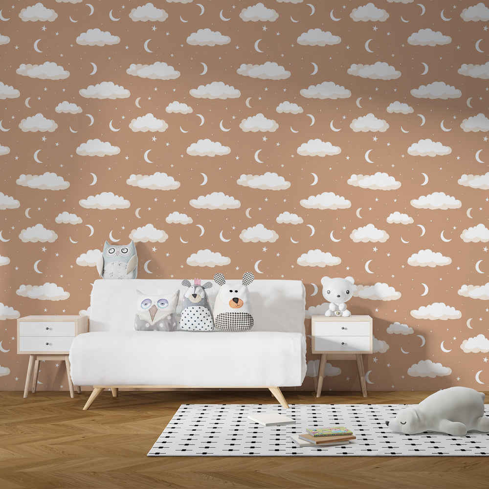 Beige starry sky wallpaper with cotton clouds in modern children's room setting