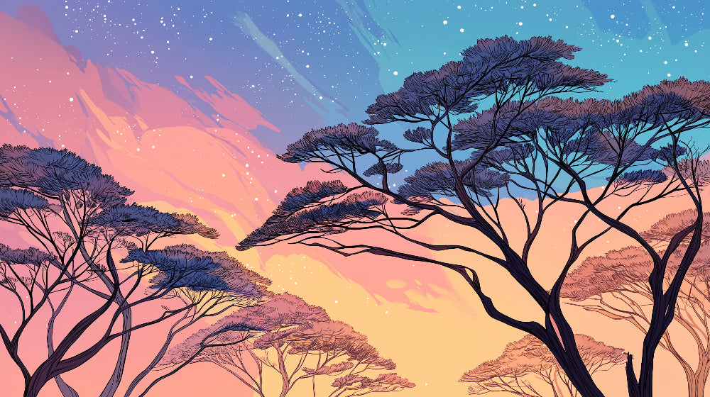 Detailed starry sky mural wallpaper design pattern with tree silhouettes by Kids-Mundo