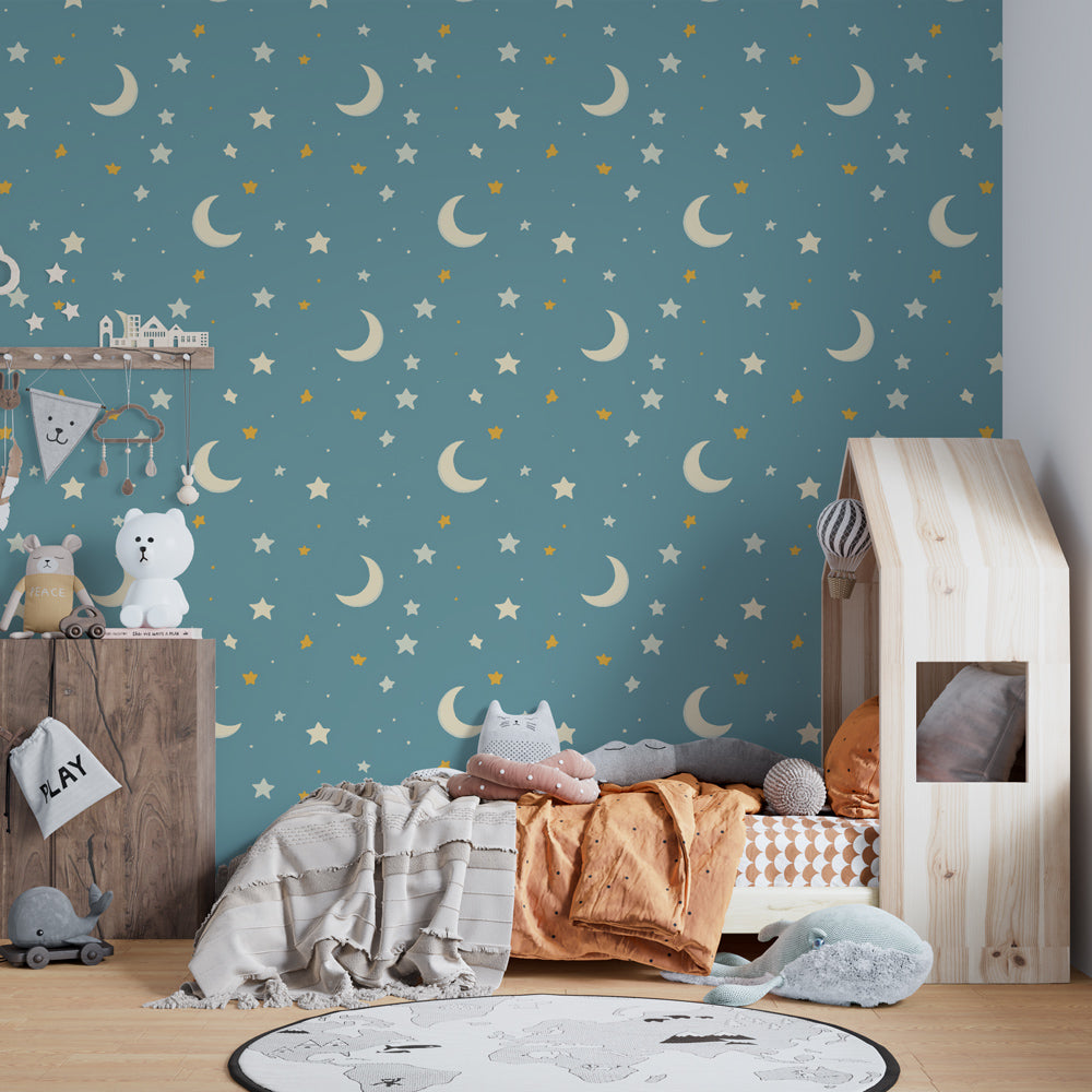 Moon and stars mural wallpaper transforming toddler room into magical space