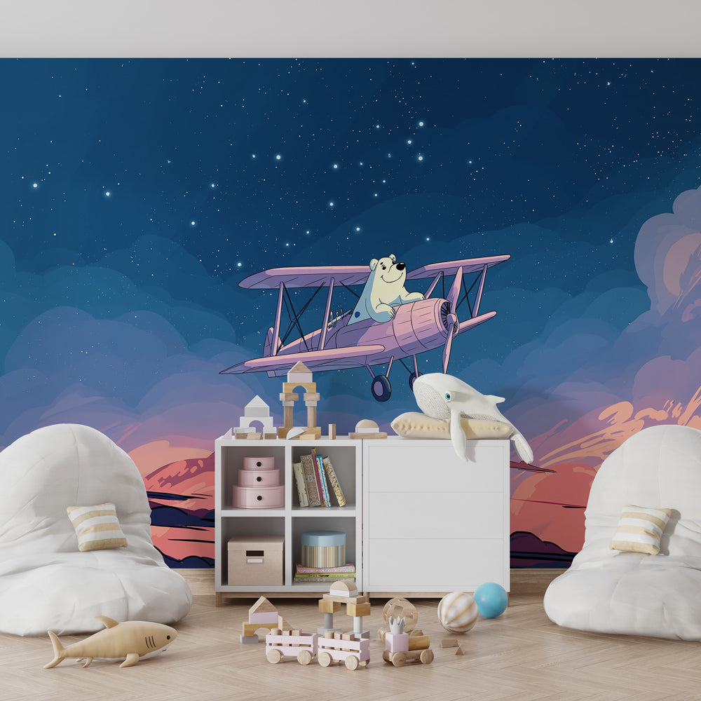 Starry sky polar bear mural wallpaper creating magical atmosphere in toddler room