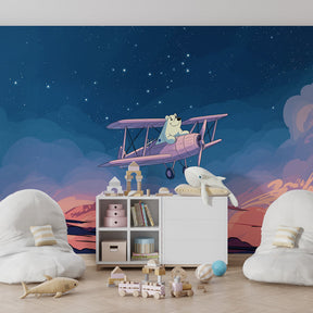 Starry sky polar bear mural wallpaper creating magical atmosphere in toddler room