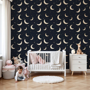 Starry sky mural wallpaper with moon and stars in cozy children's bedroom by Kids-Mundo