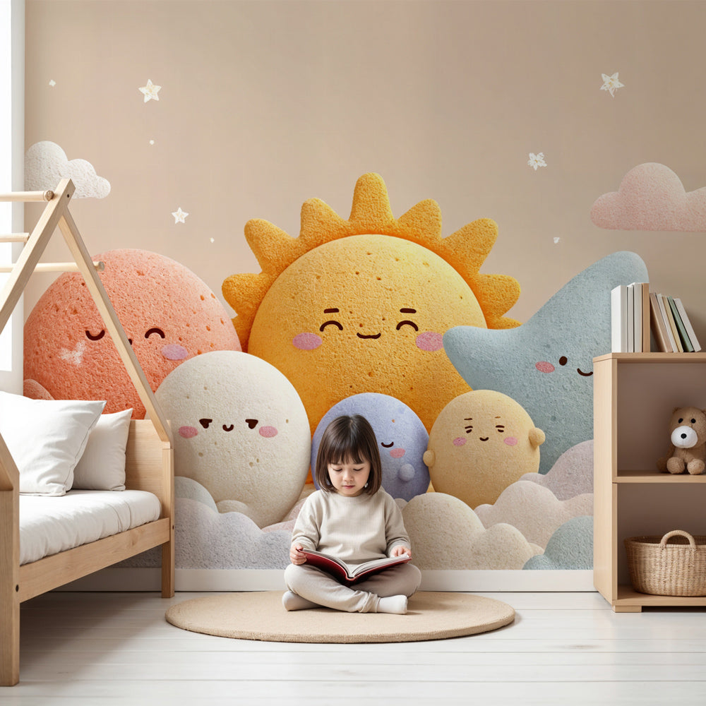 Starry sky mural wallpaper with celestial characters in modern kids nursery by Kids-Mundo