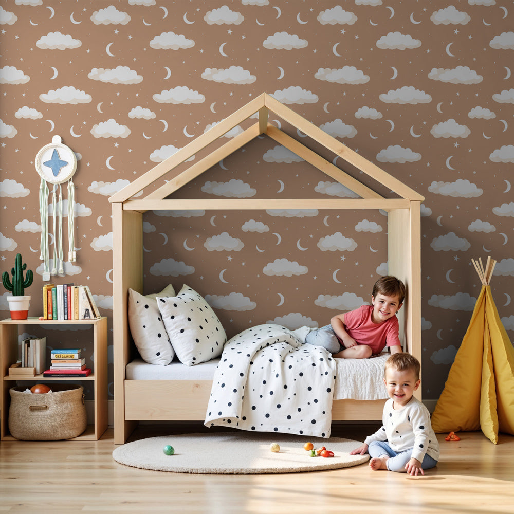 Starry sky mural wallpaper with clouds and moons decorating cozy nursery by Kids-Mundo