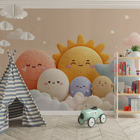Cute celestial wallpaper featuring clouds and stars creating magical children's room atmosphere
