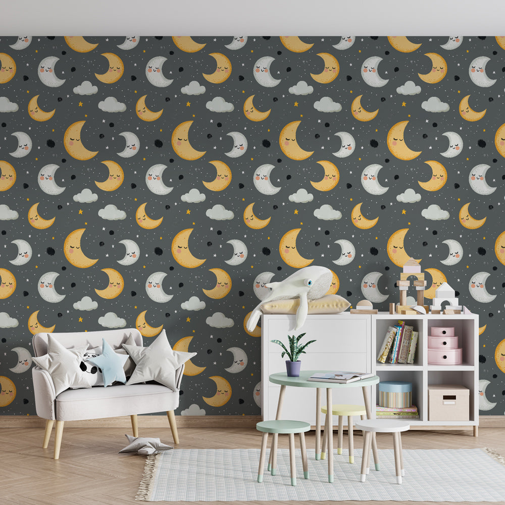 Celestial children's wallpaper featuring smiling moons and clouds in toddler bedroom