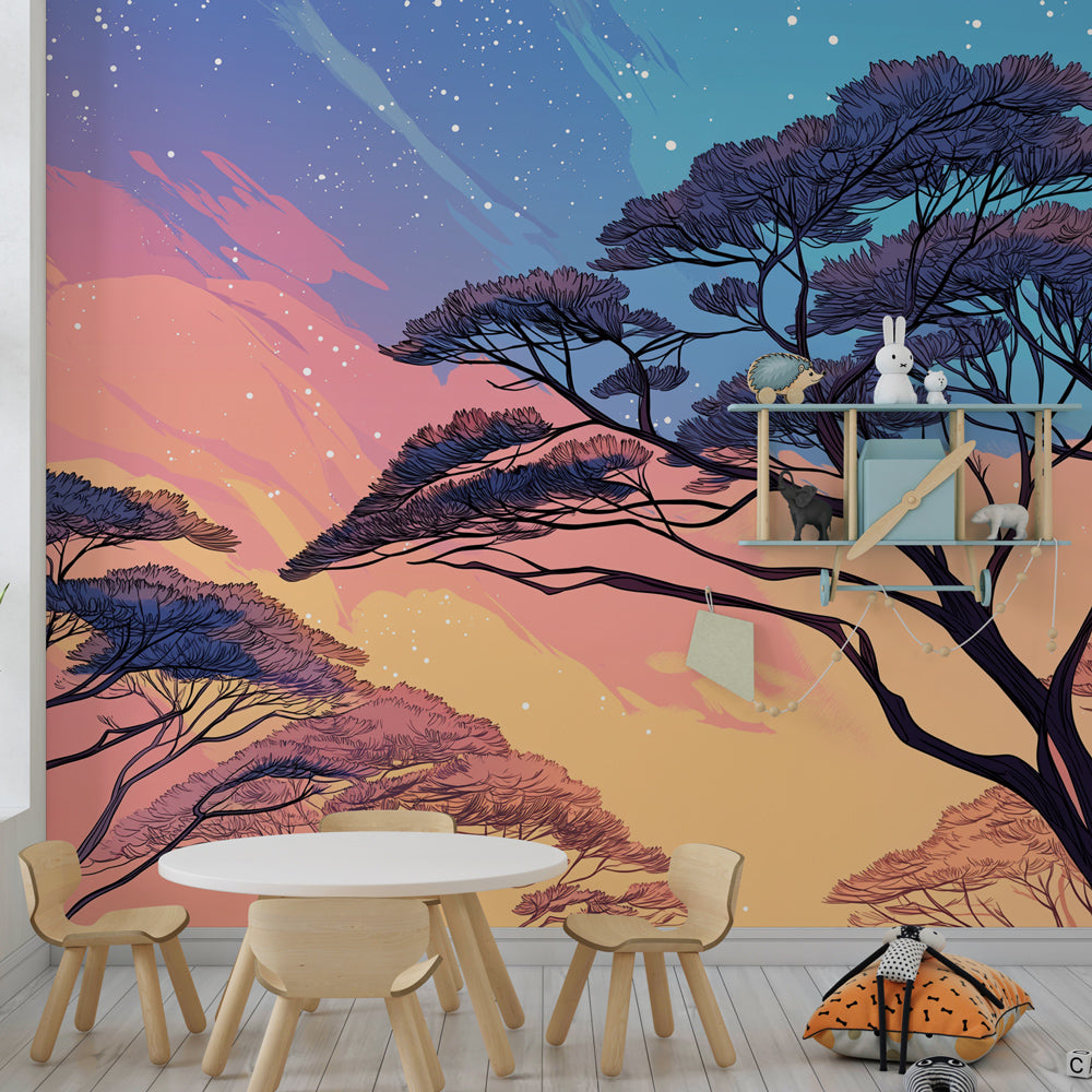 Dreamy starry sky wallpaper creating magical forest atmosphere in kids room by Kids-Mundo