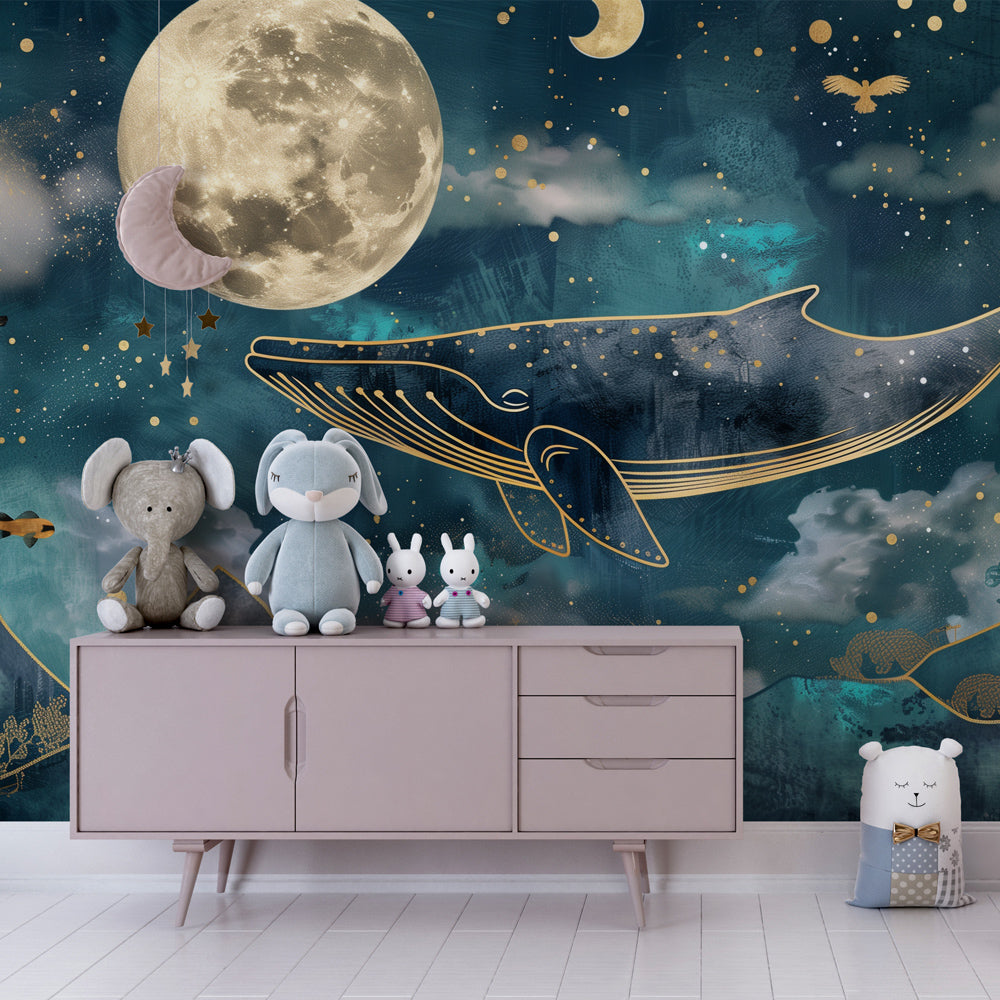 Kids-Mundo golden moon whale wall mural decorating a child's bedroom wall