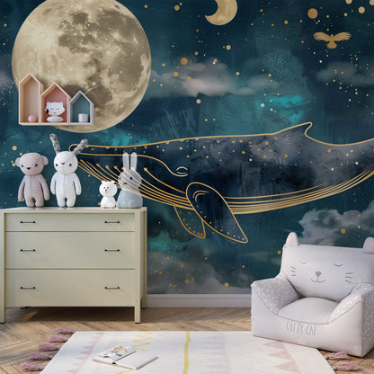 Kids-Mundo celestial whale wall mural creating a dreamy children's playroom