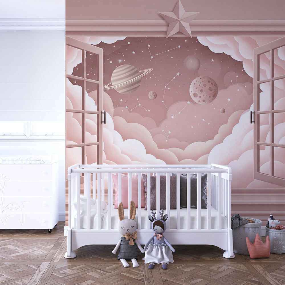 Kids-Mundo starry window wall mural with clouds and planets on a kids bedroom wall