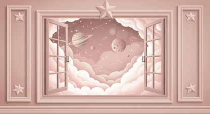 Flat artwork preview of the Kids-Mundo starry window wall mural with clouds and planets