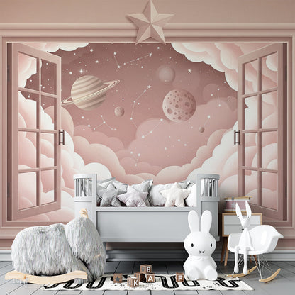 Starry window wall mural from Kids-Mundo shown along one wall of a bright playroom