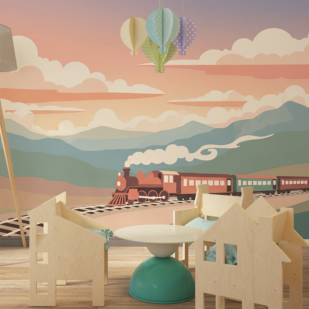 Kids-Mundo train wall mural bringing a peaceful mountain journey to a kids' bedroom