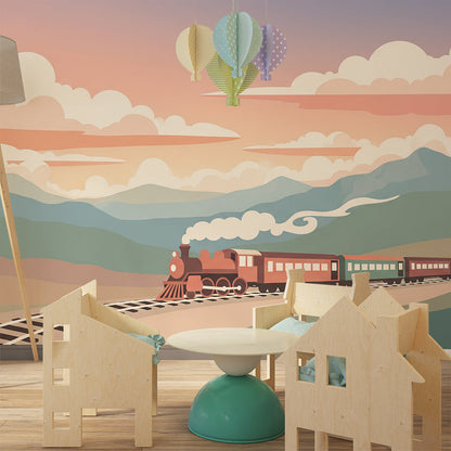 Kids-Mundo train wall mural bringing a peaceful mountain journey to a kids' bedroom