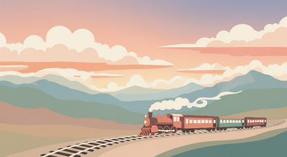Kids-Mundo flat artwork of a steam train travelling through sunset mountains