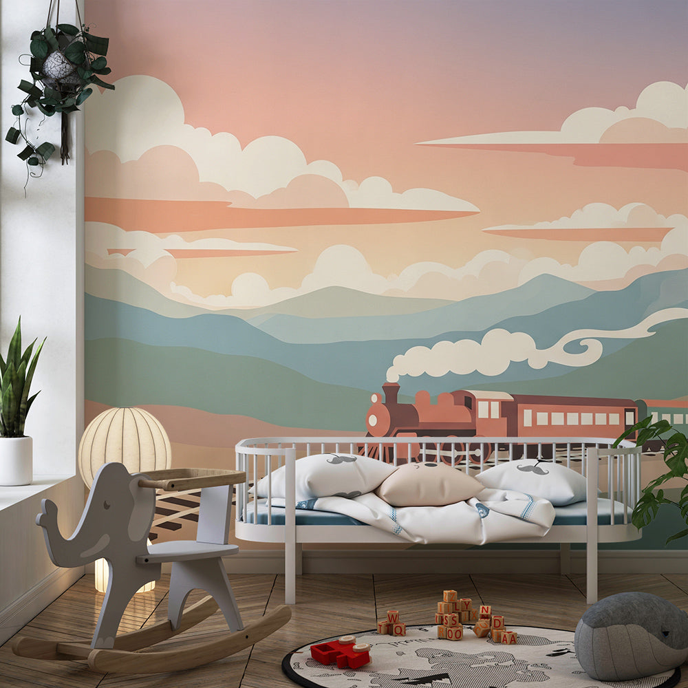 Kids-Mundo steam train and mountain wall mural adding adventure to a playroom