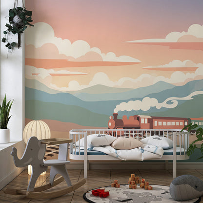 Kids-Mundo steam train and mountain wall mural adding adventure to a playroom