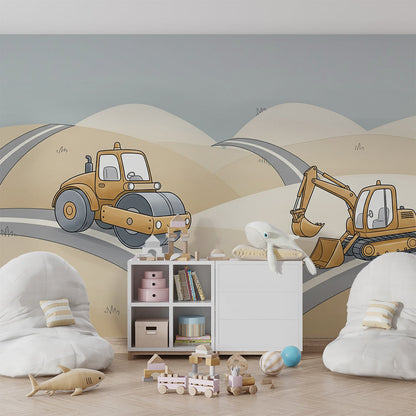 Kids-Mundo steamroller and digger wall mural behind a bed in a kids bedroom.
