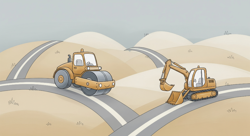 Steamroller and Digger on a Winding Road Wall Mural