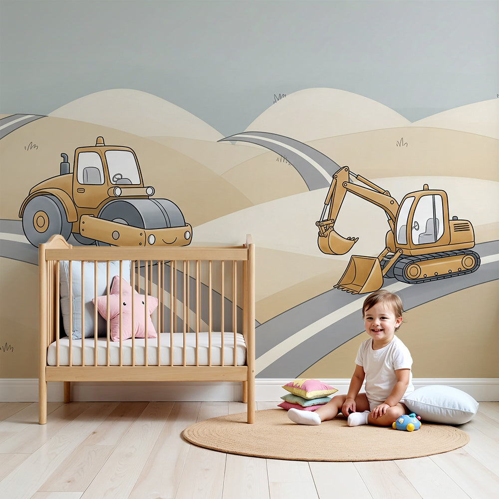Kids-Mundo steamroller and digger wall mural styled in a calm neutral nursery.