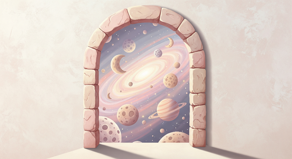 Kids-Mundo flat artwork preview of the pastel stone archway galaxy wall mural design