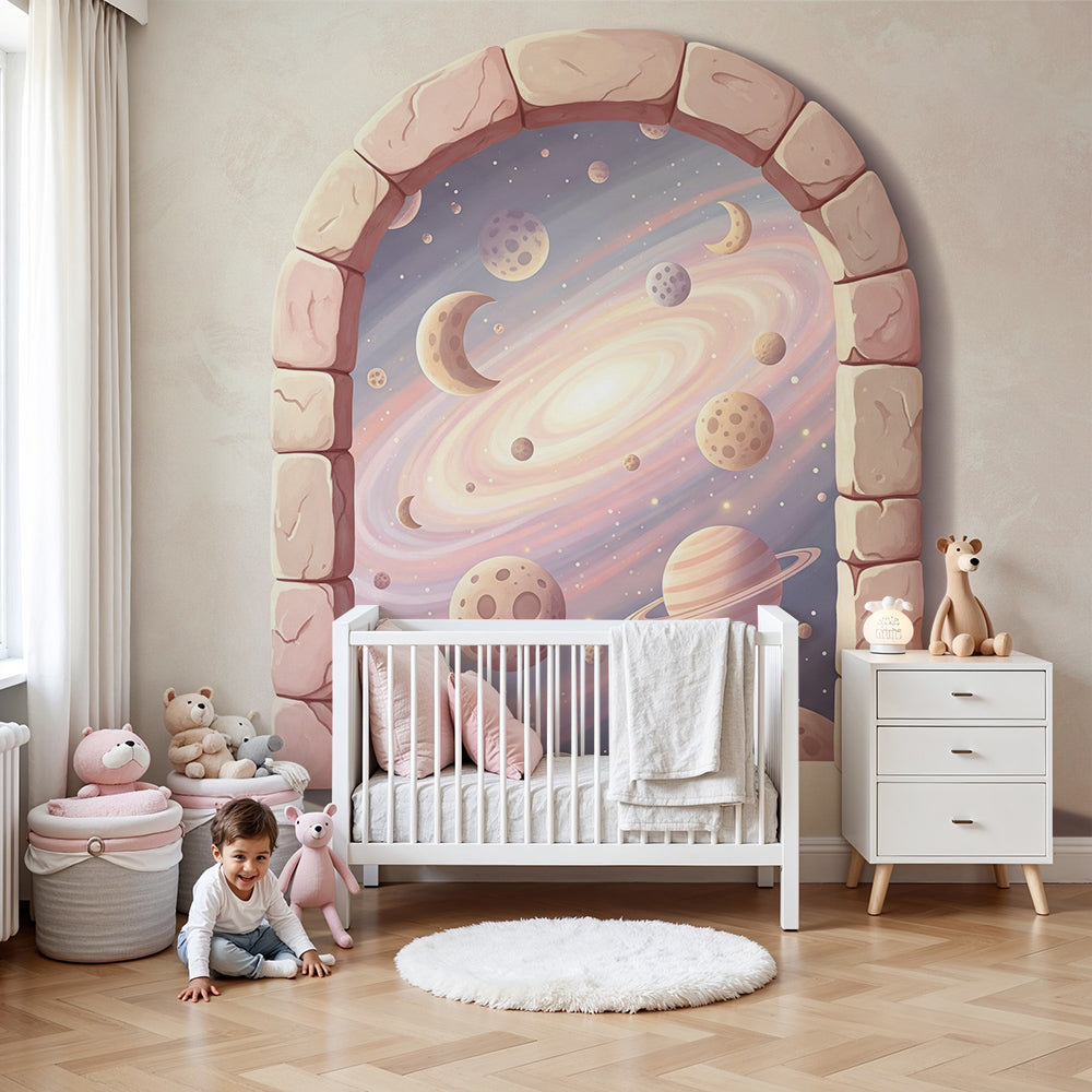 Kids-Mundo pastel galaxy archway wall mural styled in a soft beige baby nursery room
