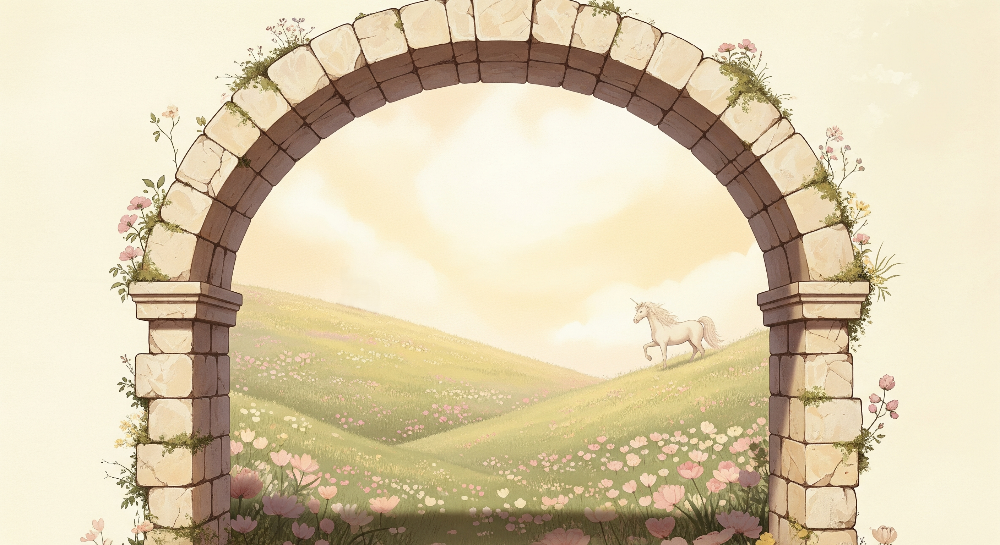 Kids-Mundo flat artwork preview of the stone archway unicorn meadow wall mural design.