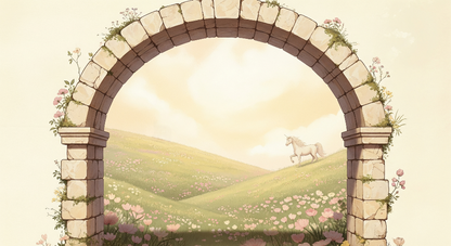 Kids-Mundo flat artwork preview of the stone archway unicorn meadow wall mural design.