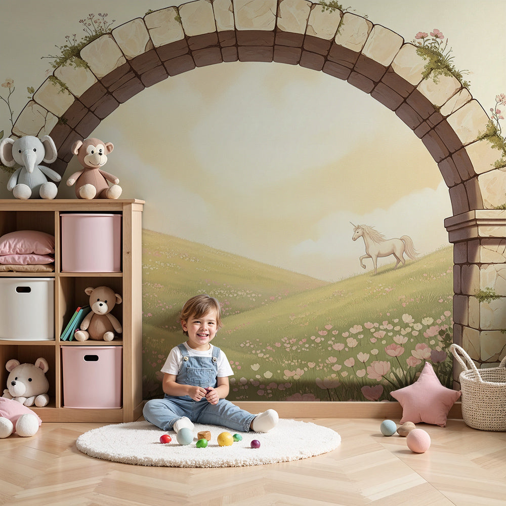 Kids-Mundo stone archway unicorn wall mural with roses, styled in a warm baby nursery.