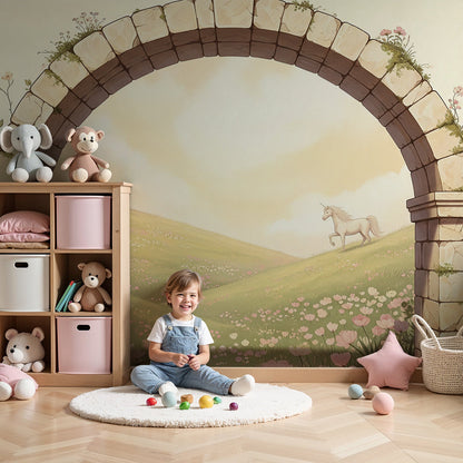 Kids-Mundo stone archway unicorn wall mural with roses, styled in a warm baby nursery.