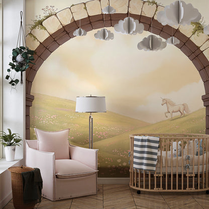 Kids-Mundo stone archway unicorn meadow wall mural bringing warmth to a playroom.