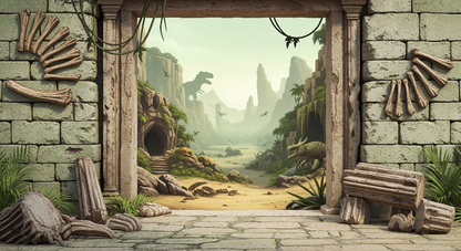Kids-Mundo flat artwork preview of the stone doorway dinosaur valley wall mural design