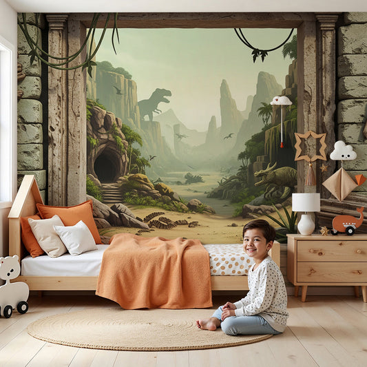 Kids-Mundo dinosaur wall mural stone doorway design in a soft green nursery with cot and shelving