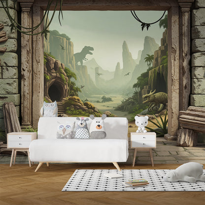 Kids-Mundo dinosaur doorway wall mural covering a playroom wall beside toy storage and rug