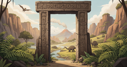 Kids-Mundo flat artwork of a carved stone gateway opening onto a volcano dinosaur valley.