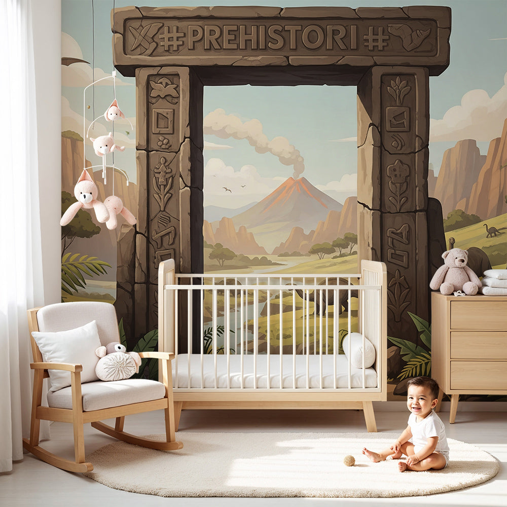 Kids-Mundo dinosaur valley gateway mural in a warm green nursery beside a wooden crib.