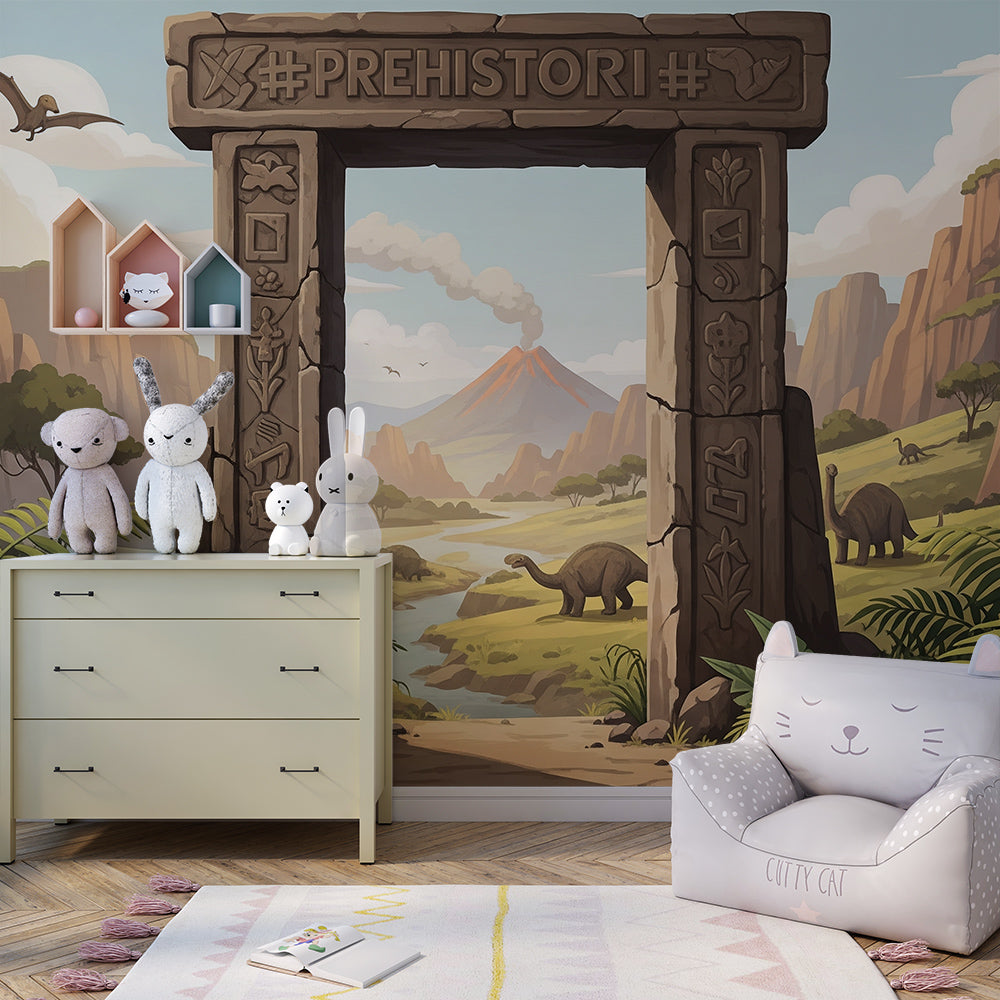 Kids-Mundo dinosaur valley mural brightening a wall in a busy children's playroom.