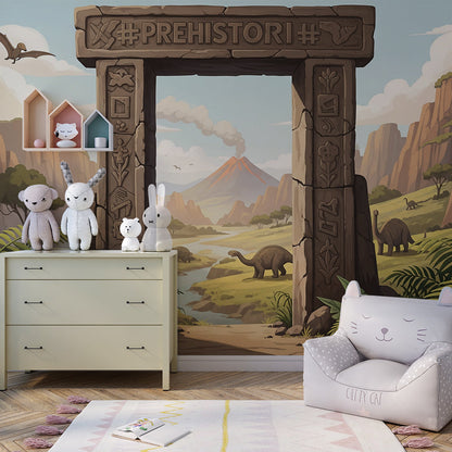 Kids-Mundo dinosaur valley mural brightening a wall in a busy children's playroom.