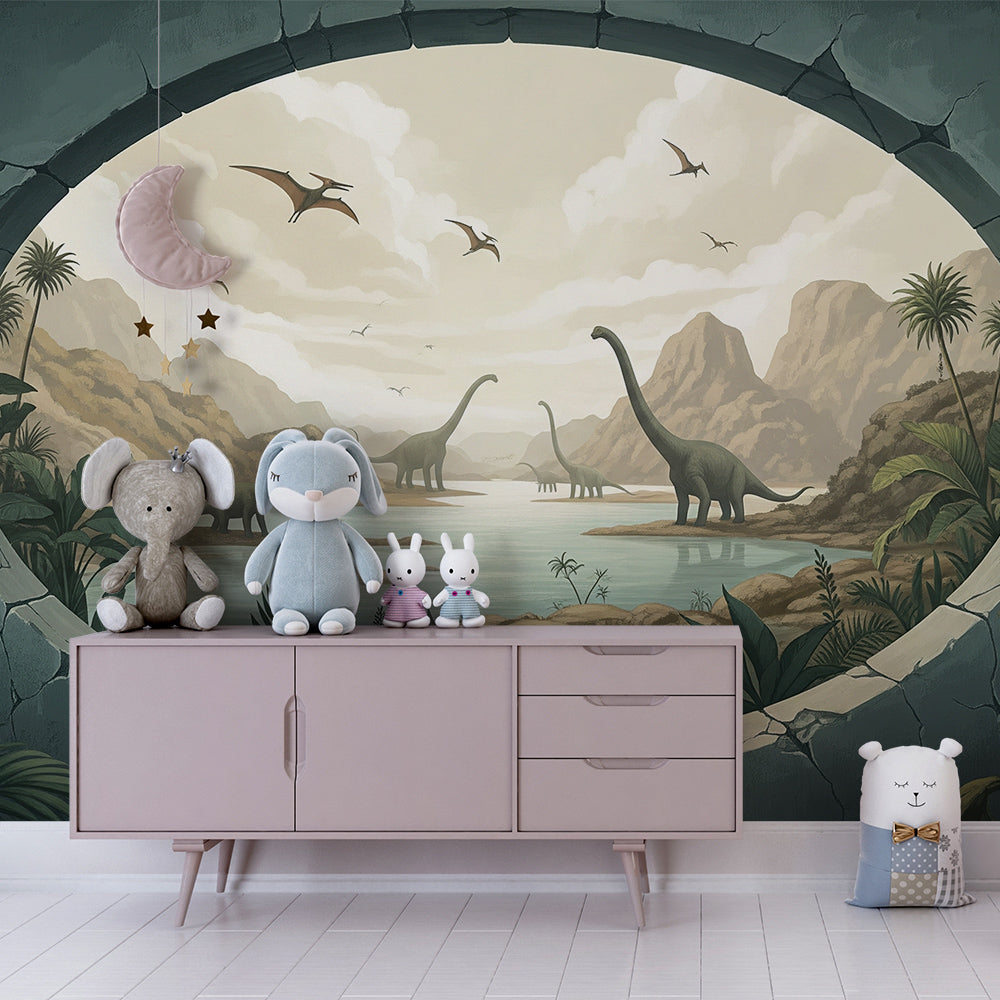 Kids-Mundo dinosaur wall mural behind a child's bed in a jungle-themed kids bedroom.