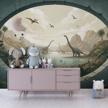 Kids-Mundo dinosaur wall mural behind a child's bed in a jungle-themed kids bedroom.