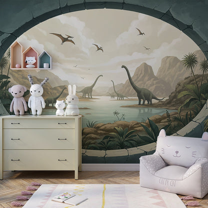Kids-Mundo dinosaur valley mural covering a wall in a bright, toy-filled children's playroom.