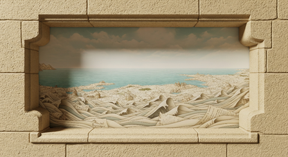 Kids-Mundo flat artwork preview of the stone window ocean waves wall mural design.