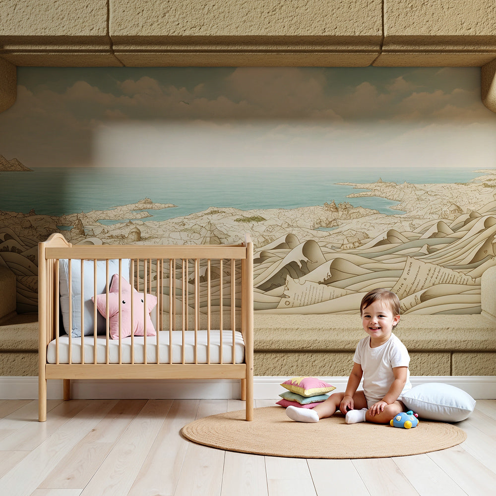 Kids-Mundo stone window ocean wall mural styled in a calm, neutral nursery.