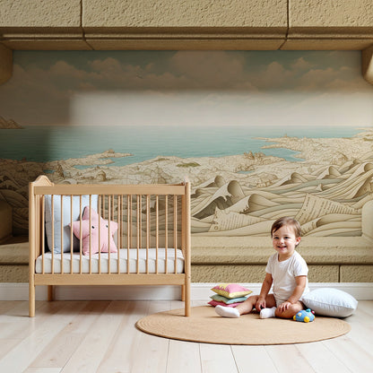 Kids-Mundo stone window ocean wall mural styled in a calm, neutral nursery.