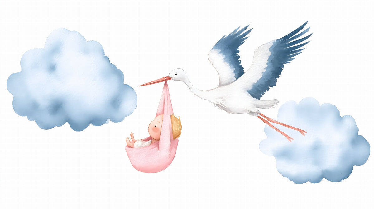 Stork Carrying a Baby Through the Clouds Wall Mural