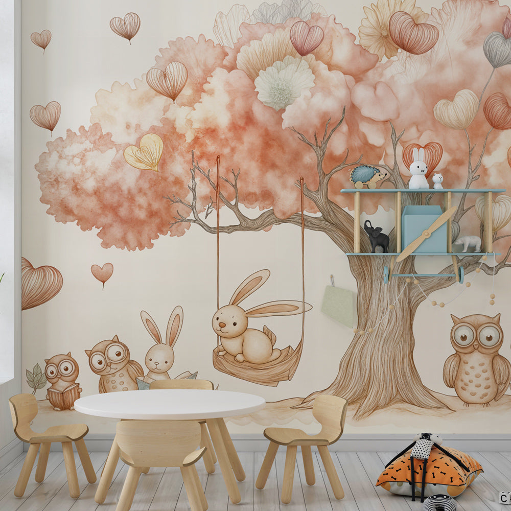 Kids-Mundo whimsical tree wall mural featuring bunnies and owls in a bright kids' playroom